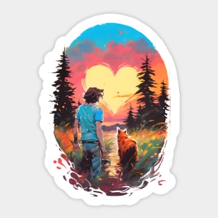 Heartfelt Journey: Boy and Dog Under the Sky Sticker